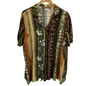 Ashley Stewart Tropical Button Up Shirt Size 20 Earth Tones Floral Striped Spots